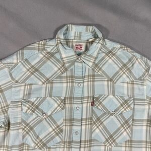 Levi's Long Sleeve Shirt Womens Large Blue Plaid Flannel Button Up Pearl Snap
